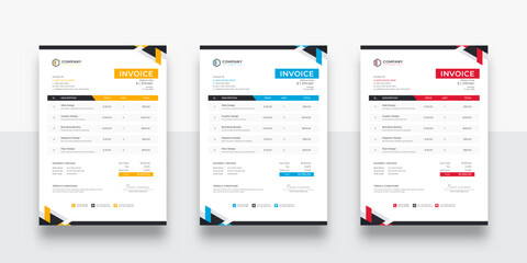 modern company business Invoice design template. creative invoice Template Paper Sheet Include Accounting, Price, Tax, and Quantity. With color variation Vector illustration of Finance