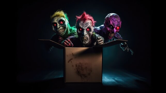  evil creatures coming from a box, centered, horror, colorful, cinematic lighting, horror movie poster, realistic, photography, generative ai