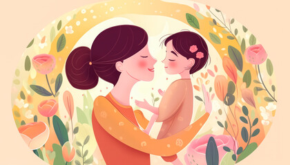 Illustration of mother and child against flower background. Concept of Mother`s day, Mother`s love, relationships between mother and child. Generative AI.