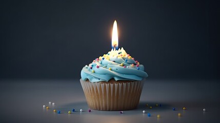 Homemade cupcake with cream, blue sprinkles and lit candle over gray background, realistic, photography, generative ai