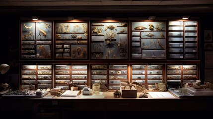 Natural History Museum specimens, night, no people, lots of specimens, wall of specimen cabinets, lots of specimen cabinets, lighting, fluorescent lights, cyberpunk, photography, generative ai