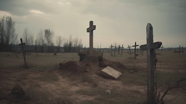 old open scary grave in the middle of nowhere, creepy, dark, movie photography, extremely detailed 4k, professional color grading, horror movie style, realistic, generative ai