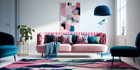 Patterned carpet in pink and blue living room interior with sofa against white wall with painting. Generative Ai.
