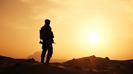 Silhouette Of A Solider Against the Sunrise in desert. Concept - armed forces of Egypt, movie photography, photorealistic, ultra realistic, photography, generative ai