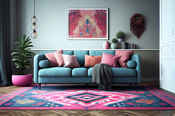 Patterned carpet in pink and blue living room interior with sofa against white wall with painting. Generative Ai.