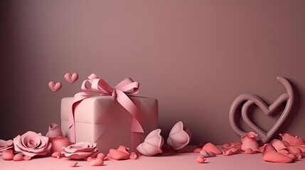 Valentines Day background with pink roses, bow and paper Hearts, realistic, 8k, epic, photography, generative ai