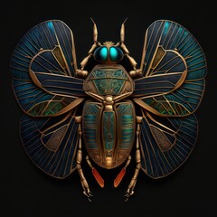 Egyptian scarab made of gold springs and wire stained glass. Fantasy scarab in 3d style illustration. Generative AI.