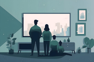 Naklejka na ściany i meble Flat vector illustration Watch TV together as a family at home, or use a green screen and chroma key streaming subscription service. Rear view of mother, father and children getting ready to watch mov