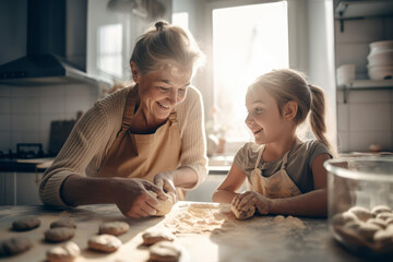 Obraz na płótnie Canvas Kind cheerful granny teaching her cute granddaughter to bake cookies. Generative AI