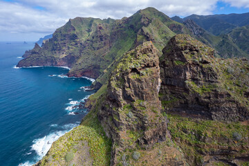 Fototapeta na wymiar Aerial view along the Atlantic Ocean near Benijo in the Anaga Natural Park in Tenerife Canary Islands
