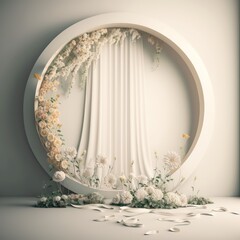 Luxury artistic Bright white empty room with large floral. Wedding concept. Generative AI.