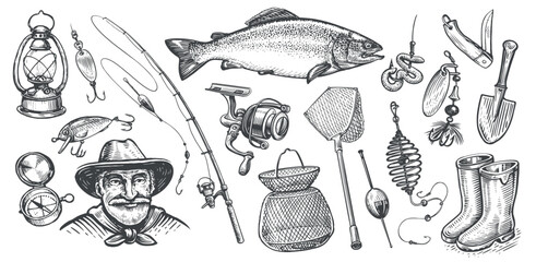 Fishing concept, set vector. Collection of hand-drawn sketch illustrations on the theme of catching fish © ~ Bitter ~