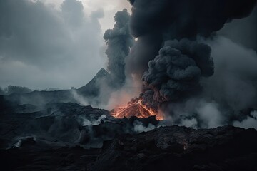 volcanic eruption with lava flow bursting from the volcano, surrounded by mist and smoke, created with generative ai
