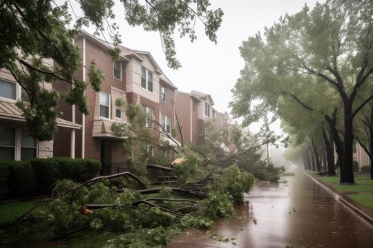 hailstorm battering residential neighborhood, with winds uprooting trees and damaging homes, created with generative ai