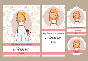 First communion card, bookmark, label and sticker set for girl	
