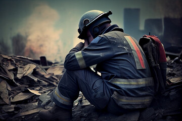 The hero rescuer or firefighter sits on the rubble of a house after an earthquake or fire.
