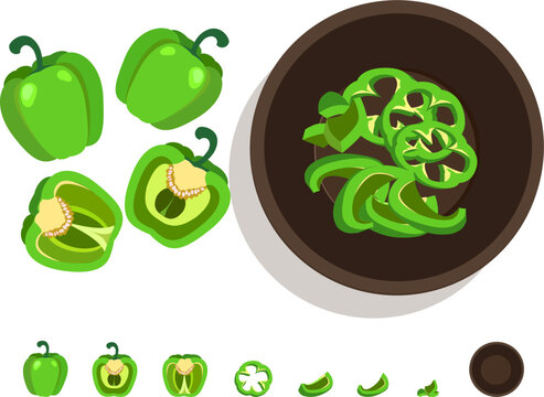 Green hot chilli pepper paprika jalapeno whole cut half slice chopped set on a bowl vector isolated on white