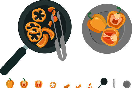 Orange paprika pepper set whole slice cut chopped on a black frying pan and plate with tongs isolated on white illustration concept