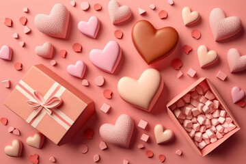 Valentine's day concept with gift and heart on pink background