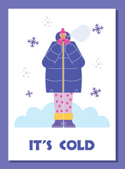 Cold winter poster, woman in warm coat and hat freezing outside - flat vector illustration.