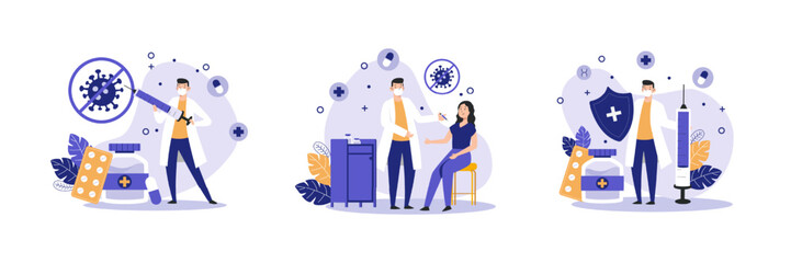 Set of colored cartoon characters inventing and testing vaccines. Human clinical trials vaccination shot. Protection from pandemic outbreak. Giving Covid 19 vaccination. Vector