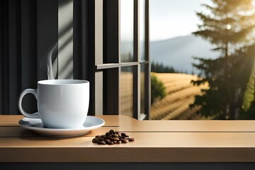 Coffee mug on the table, with scattered coffee beans and with a view to the window. generativa IA
