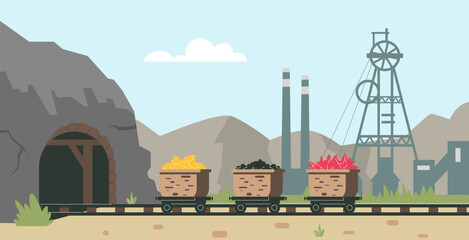 Carts loaded with coal and minerals leave mine, flat vector illustration.