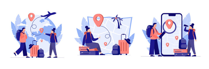 Set of colored cartoon characters preparing for traveling abroad. Time for summer vacation trip. Travel agency tour. Adventure tourists and travelers. Vector © ANDRII