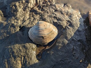 closeup of tresus saltwater clam on a rock in Half Moon Bay beach © Alina D. Magauova 
