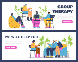Psychological therapy advertising web banners set, flat vector illustration.