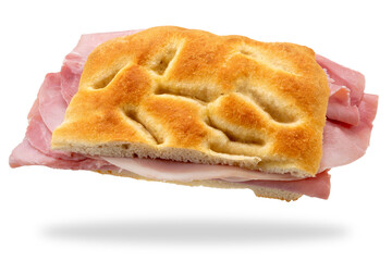 Focaccia sandwich, Genoa flatbread stuffed with ham slices, isolated