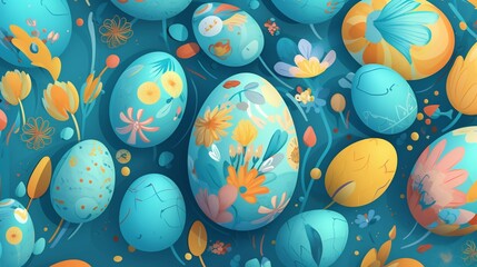 Blue background with easter egg pattern. Generative AI.