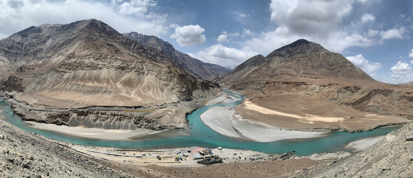 Aerial view of the confluence of the Indus and Zanskar rivers  (Sangam), Ladakh, India