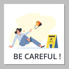 Woman falling down in front of wet floor caution sign, poster template - flat vector illustration.