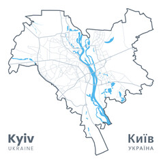 Detailed map of Kyiv - the capital of Ukraine - Urban borders map. Light stroke version of Kyiv City poster with streets and Dnieper River.