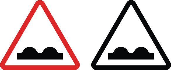 Bumpy road sign icon set vector in red and black . Red and black triangle warning sign with bump symbol