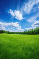 Fototapeta na wymiar Blue sky green spring meadow landscape. generative ai