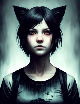 Scares catgirl in fog, Generative AI