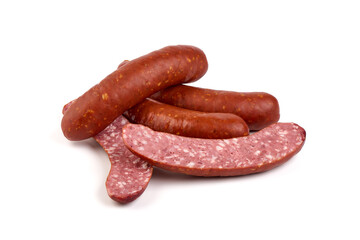 Smoked german sausages, isolated on white background.