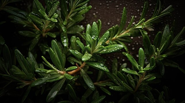 Fresh rosemary with water drops on black background. Close up