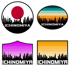 Ichinomiya Skyline Silhouette Japan Flag Travel Souvenir Sticker Sunset Background Vector Illustration SVG EPS AI