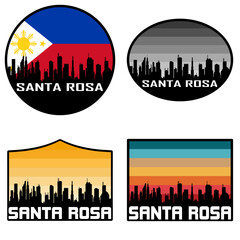 Obraz premium Santa Rosa Skyline Silhouette Philippines Flag Travel Souvenir Sticker Sunset Background Vector Illustration SVG EPS AI