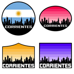 Obraz premium Corrientes Skyline Silhouette Argentina Flag Travel Souvenir Sticker Sunset Background Vector Illustration SVG EPS AI