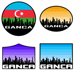 Ganca Skyline Silhouette Azerbaijan Flag Travel Souvenir Sticker Sunset Background Vector Illustration SVG EPS AI