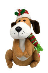 soft toy dog in a hat and scarf toy on a white background