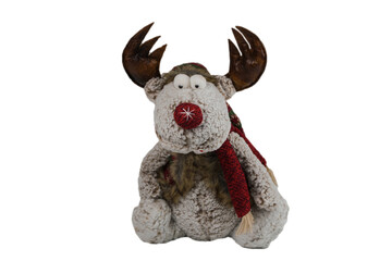 soft toy deer in clothes with an ornament on a white background