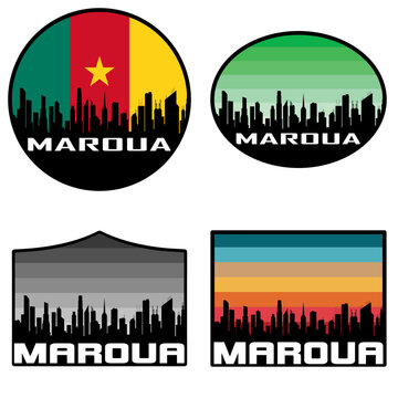 Maroua Skyline Silhouette Cameroon Flag Travel Souvenir Sticker Sunset Background Vector Illustration SVG EPS AI