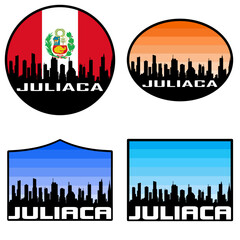 Juliaca Skyline Silhouette Peru Flag Travel Souvenir Sticker Sunset Background Vector Illustration SVG EPS AI