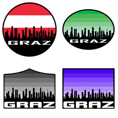 Graz Skyline Silhouette Austria Flag Travel Souvenir Sticker Sunset Background Vector Illustration SVG EPS AI