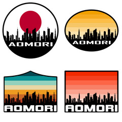 Aomori Skyline Silhouette Japan Flag Travel Souvenir Sticker Sunset Background Vector Illustration SVG EPS AI